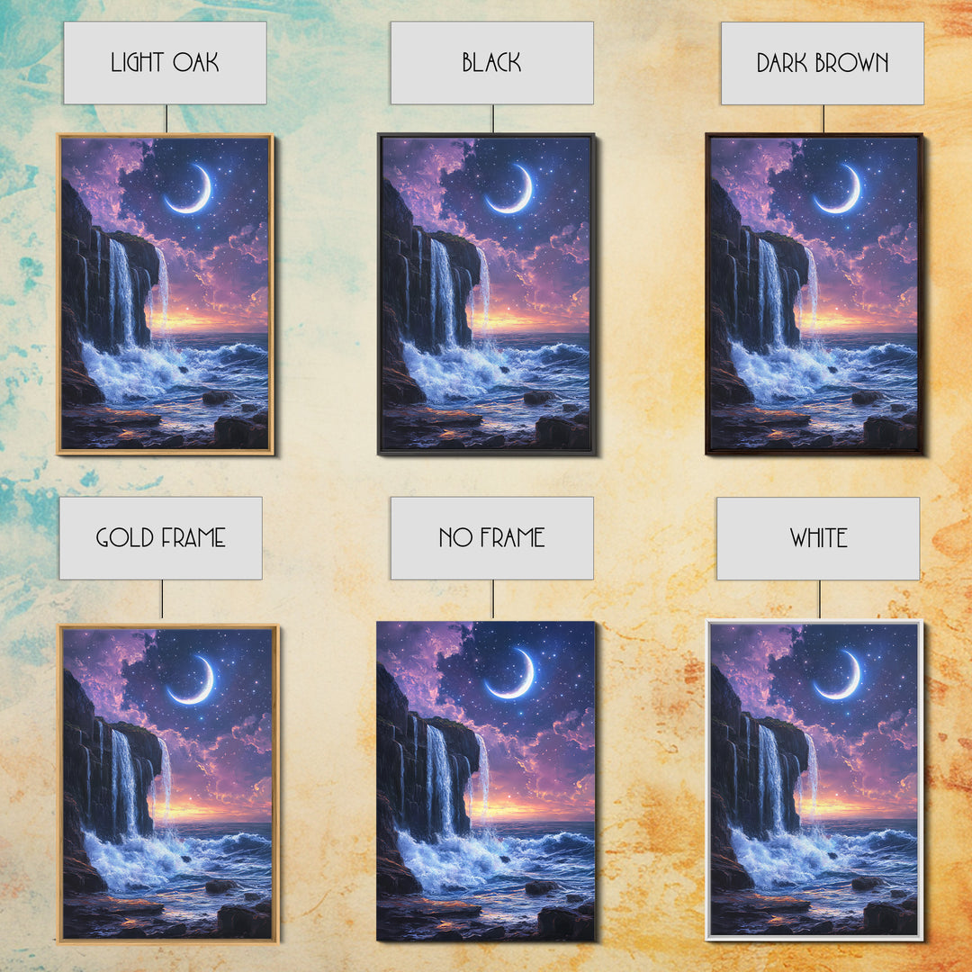 Crescent Moon Waterfall Ocean Canvas Print, Celestial Wall Art, Fantasy Seascape, Coastal Bedroom Decor, Starry Night Sky, Gift For Her