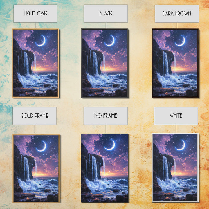 Crescent Moon Waterfall Ocean Canvas Print, Celestial Wall Art, Fantasy Seascape, Coastal Bedroom Decor, Starry Night Sky, Gift For Her
