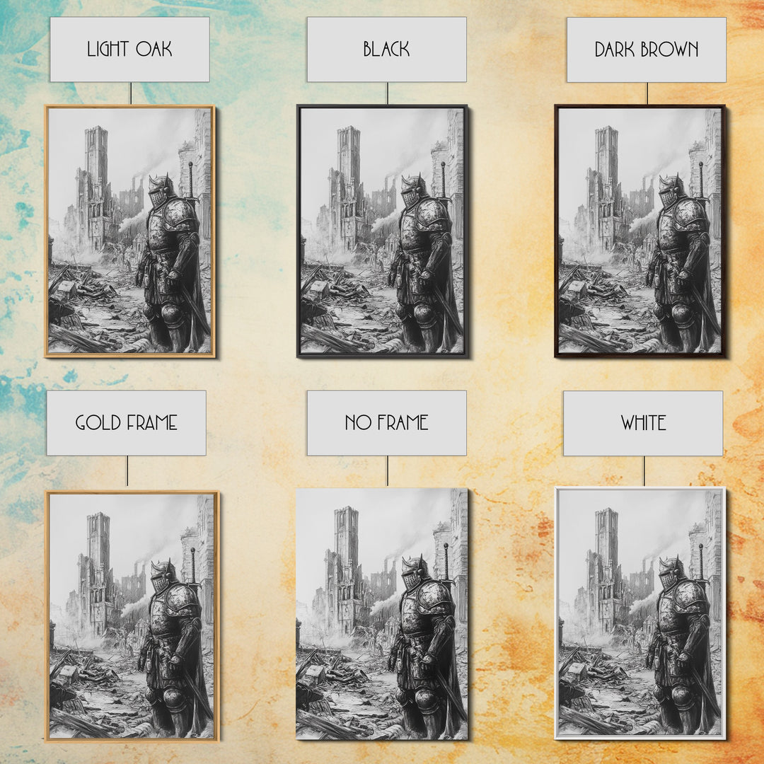 Black And White Armored Knight In Ruined Gothic City Wall Art, Dark Fantasy Medieval Warrior Print For Office Decor