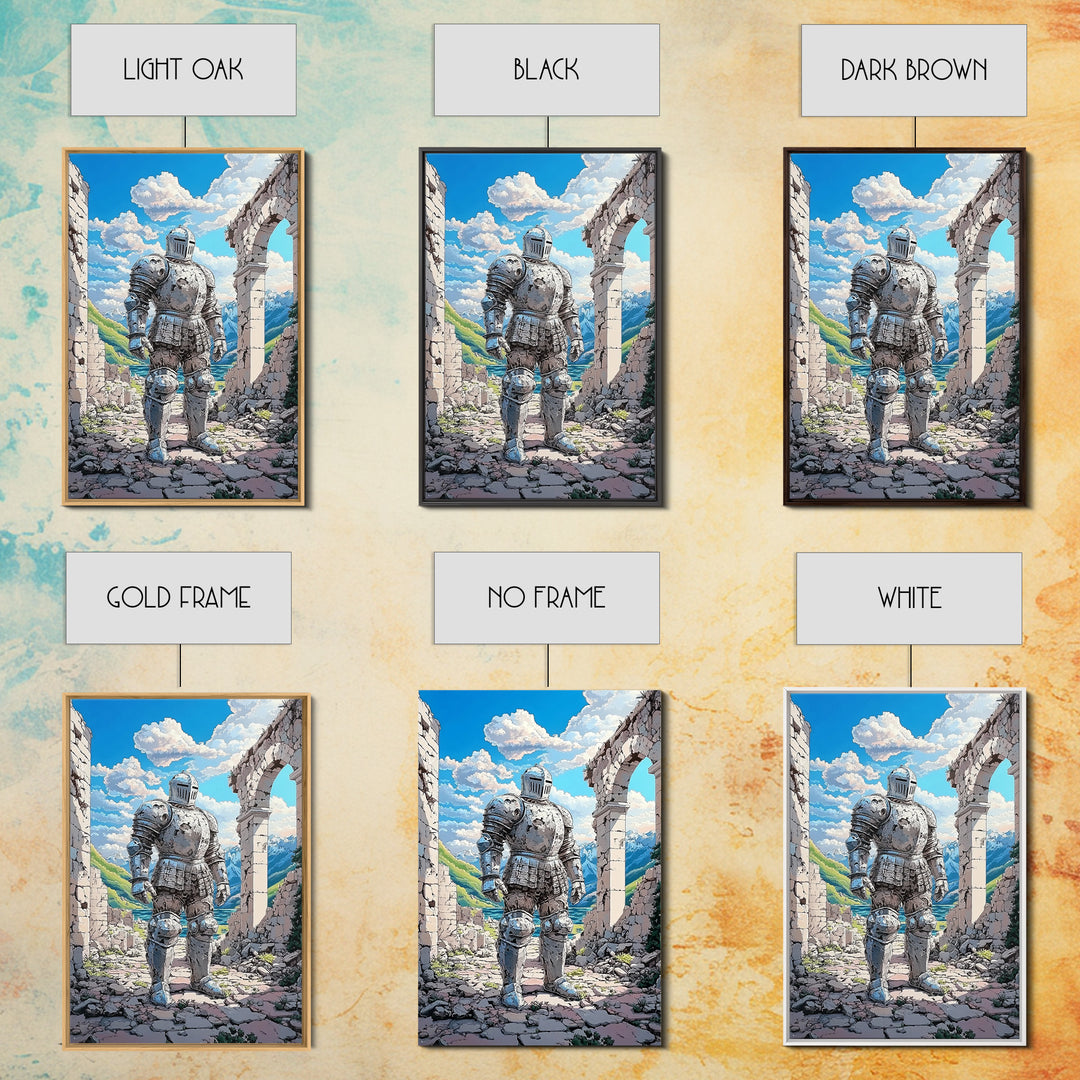 Polished Silver Knight In Alpine Ruins Canvas Print, Fantasy Warrior Mountain Landscape Art For Game Room Decor Gift For Him