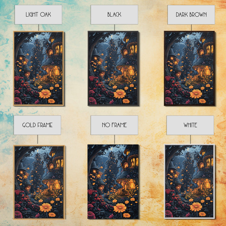 Dark Enchanted Forest Village With Glowing Flower Windows Wall Art, Gothic Fairy Tale Fantasy Canvas Print For Moody Decor