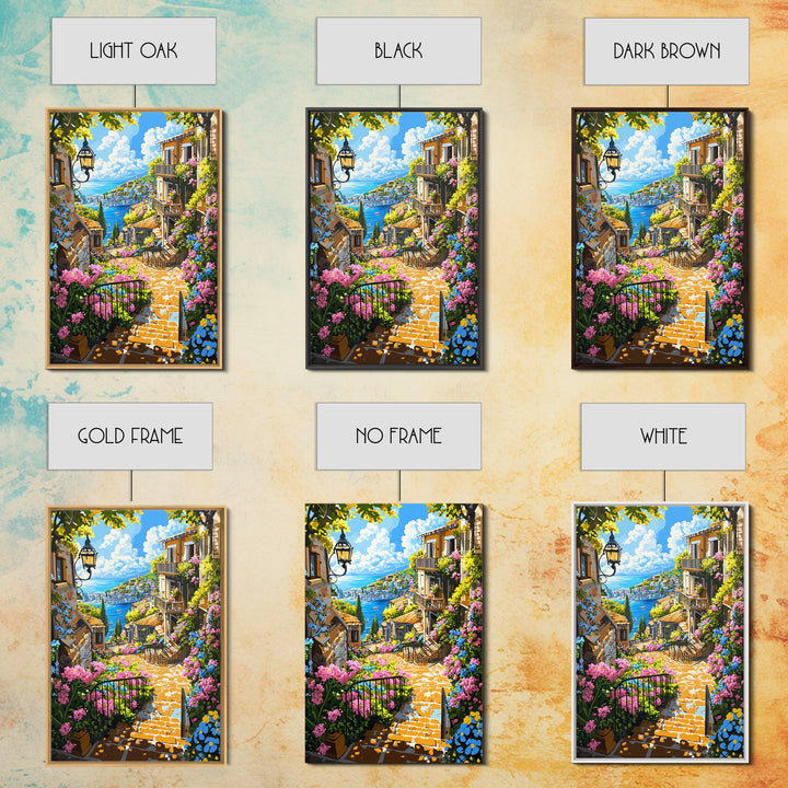 Mediterranean Coastal Stairway With Bougainvillea Canvas Print, Travel Poster Wall Art, Colorful Living Room Decor Housewarming Gift