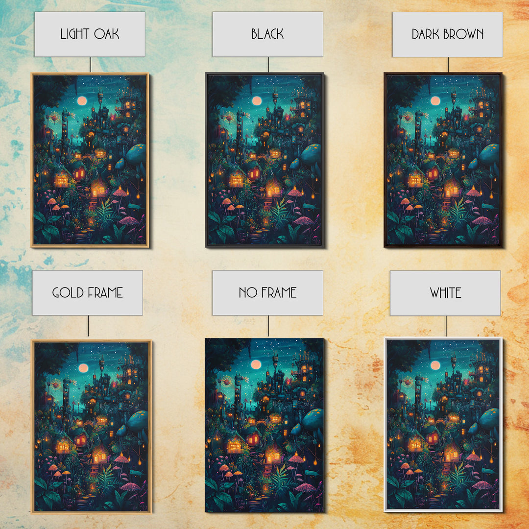 Moonlit Steampunk Mushroom City With Glowing Lanterns Canvas Print, Dark Fantasy Wall Art, Maximalist Decor Gift For Him