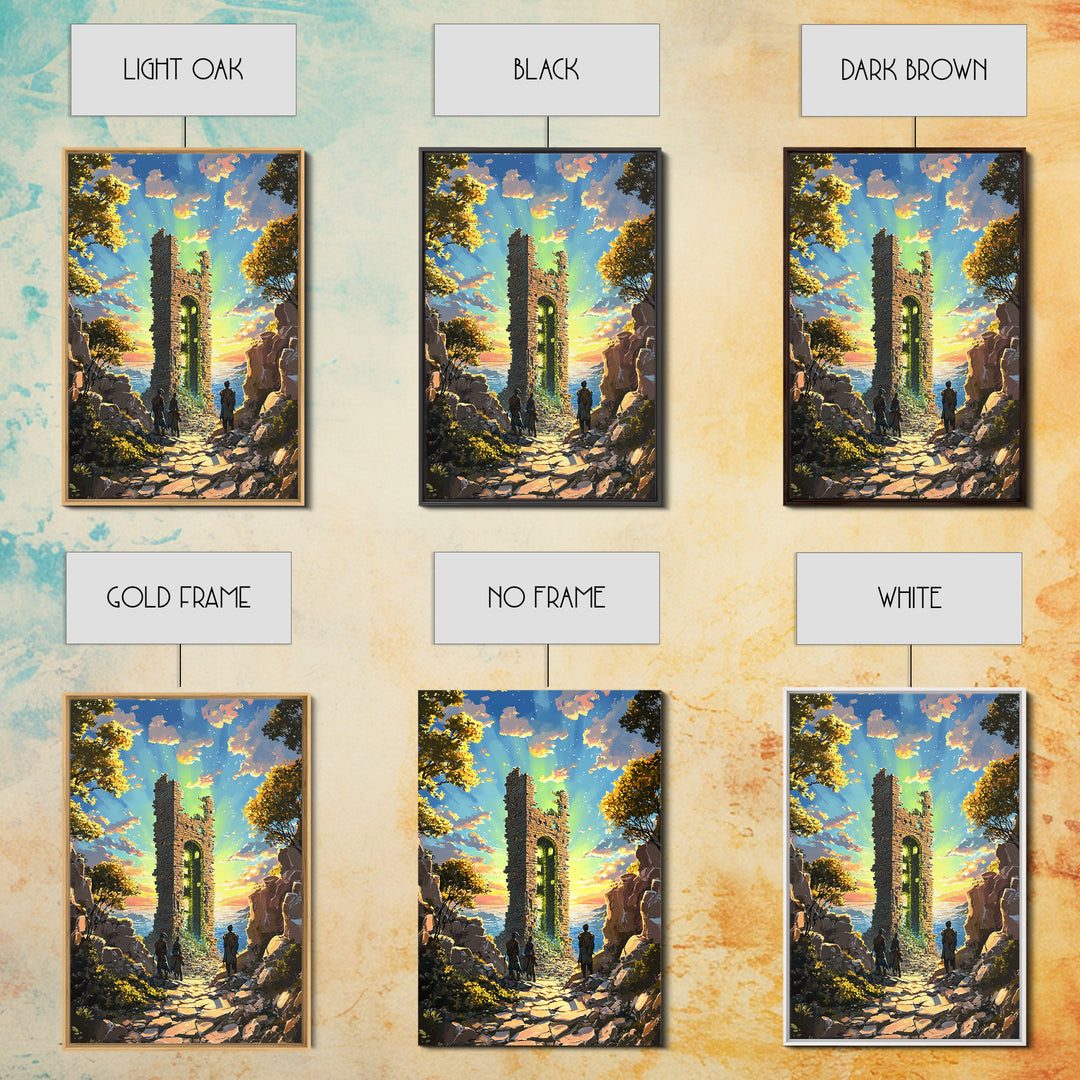 Sunset Ruined Stone Tower Canvas Print, Fantasy Landscape Wall Art, Coastal Castle Poster, Adventure Decor, Living Room Art