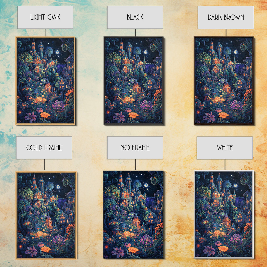 Moonlit Magical Garden Village Wall Art, Whimsical Fantasy Castle Canvas Print, Dark Botanical Decor, Maximalist Room Art