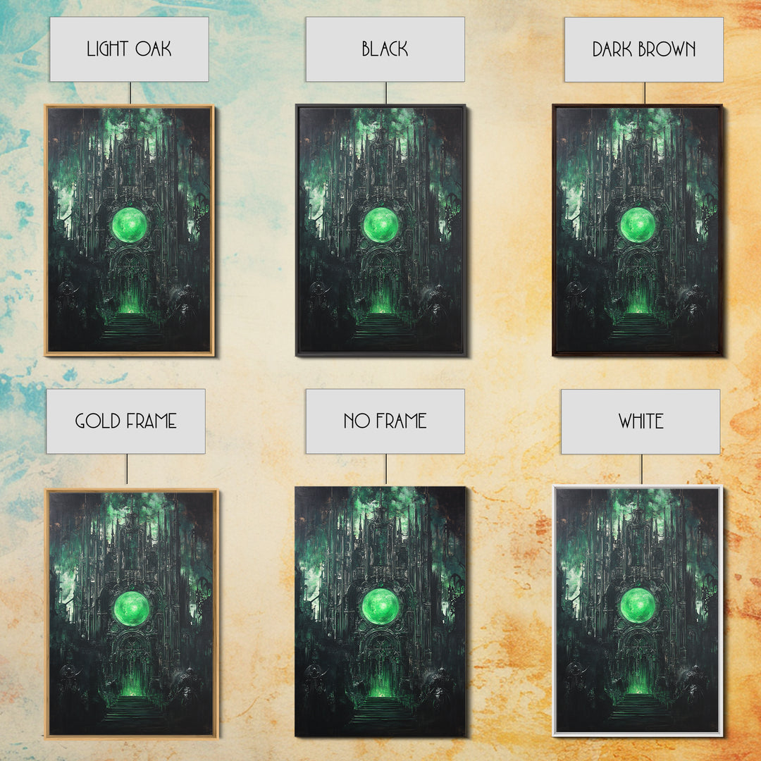 Emerald Orb Gothic Sanctuary Canvas Print, Dark Fantasy Wall Art, Occult Castle Decor, Moody Green Architecture Poster Print