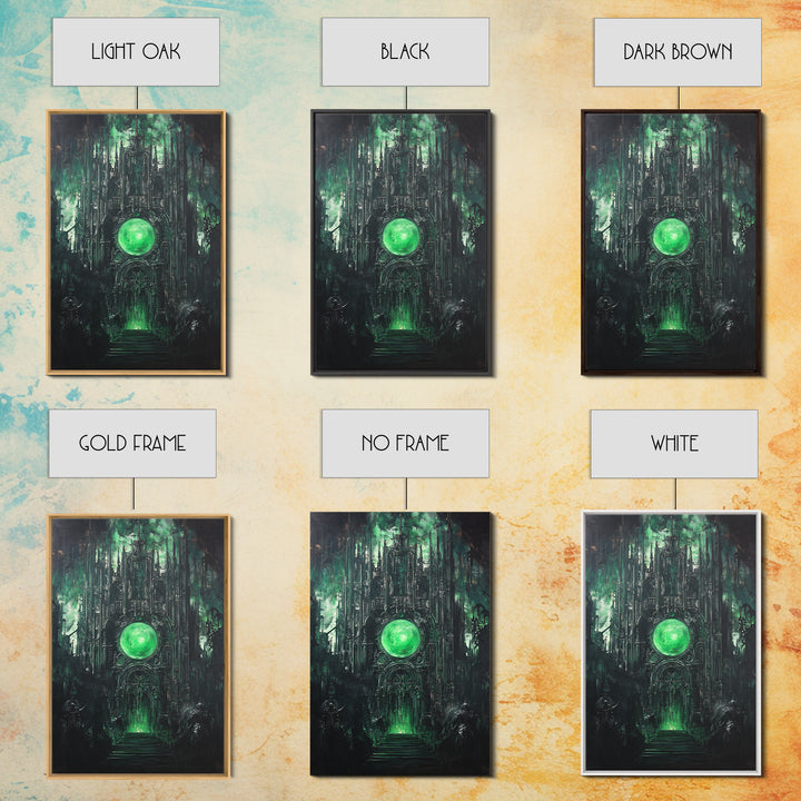 Emerald Orb Gothic Sanctuary Canvas Print, Dark Fantasy Wall Art, Occult Castle Decor, Moody Green Architecture Poster Print