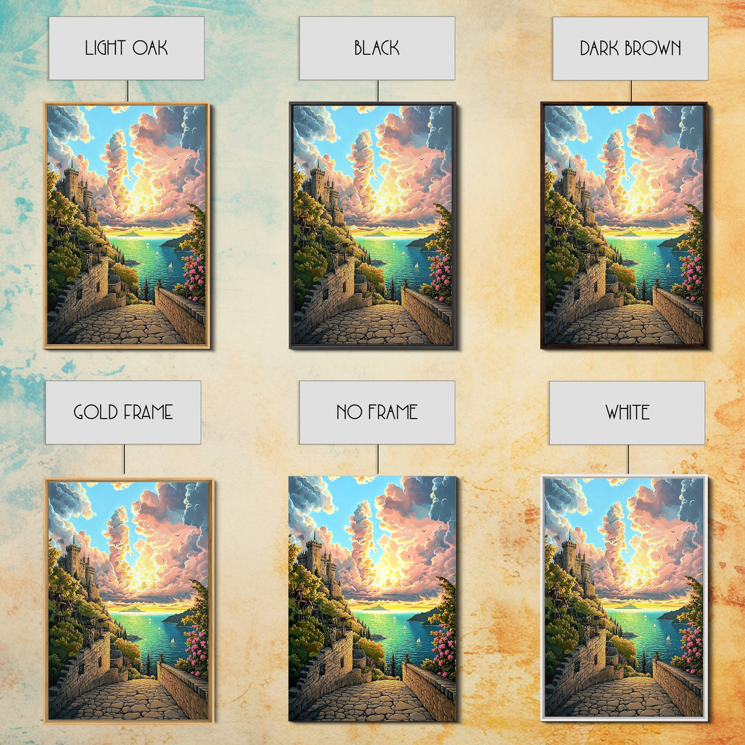 Sunset Castle Coast Path Wall Art, Mediterranean Seascape Canvas Print, Colorful Coastal Decor, Fantasy Landscape Art Print