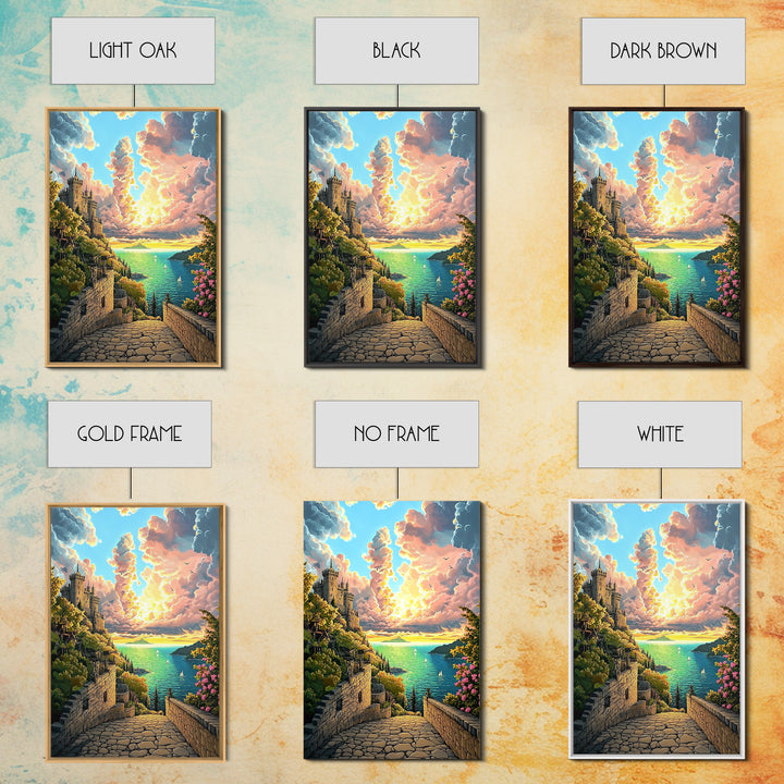 Sunset Castle Coast Path Wall Art, Mediterranean Seascape Canvas Print, Colorful Coastal Decor, Fantasy Landscape Art Print
