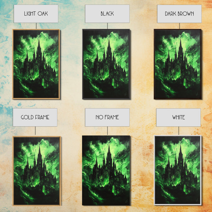 Green Haunted Gothic Cathedral Wall Art, Dark Fantasy Castle Canvas Print, Witchy Decor, Moody Black And Green Poster Print