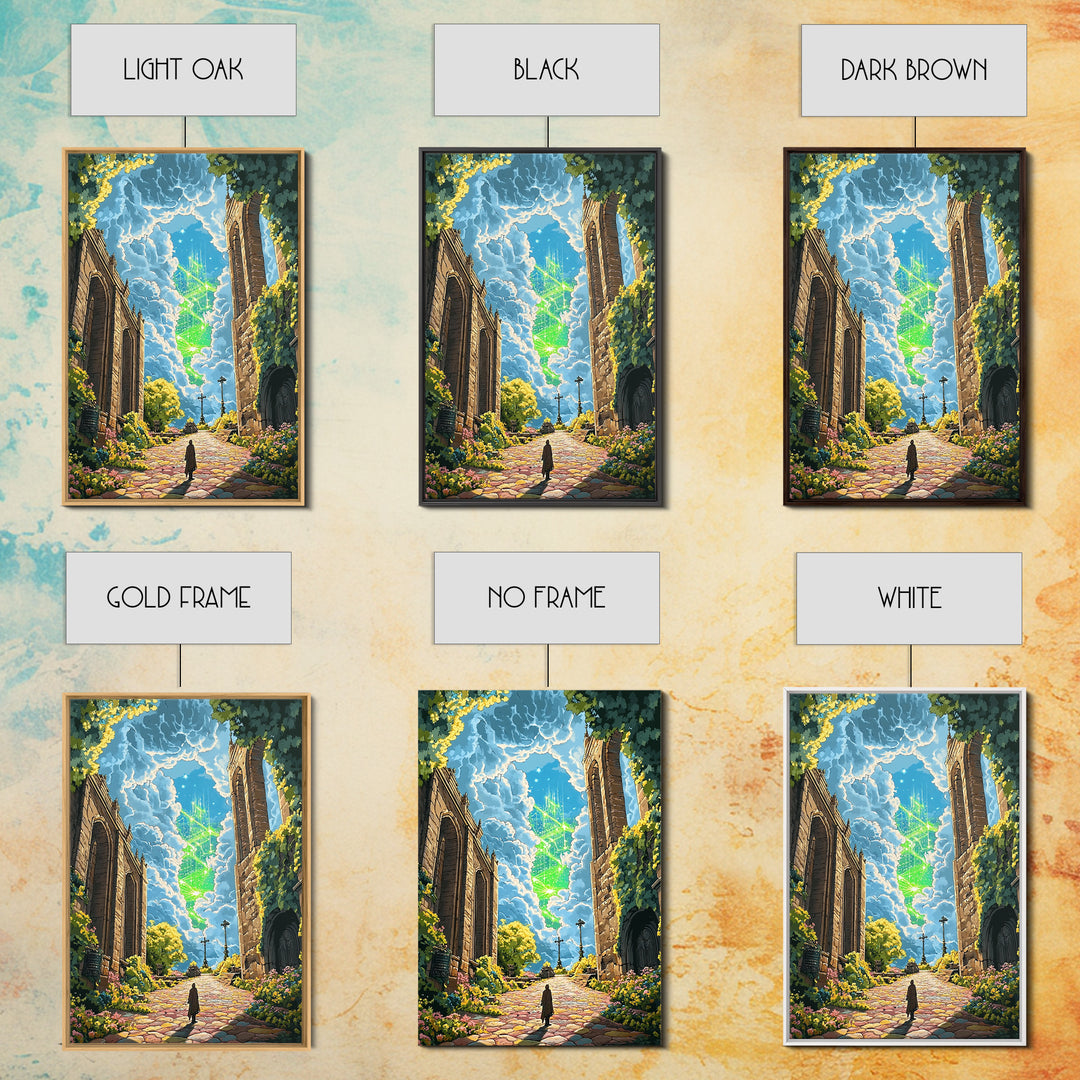 Glowing Crystal Towers Above Ruins Wall Art, Fantasy City Canvas Print, Whimsical Garden Decor, Magical Architecture Poster