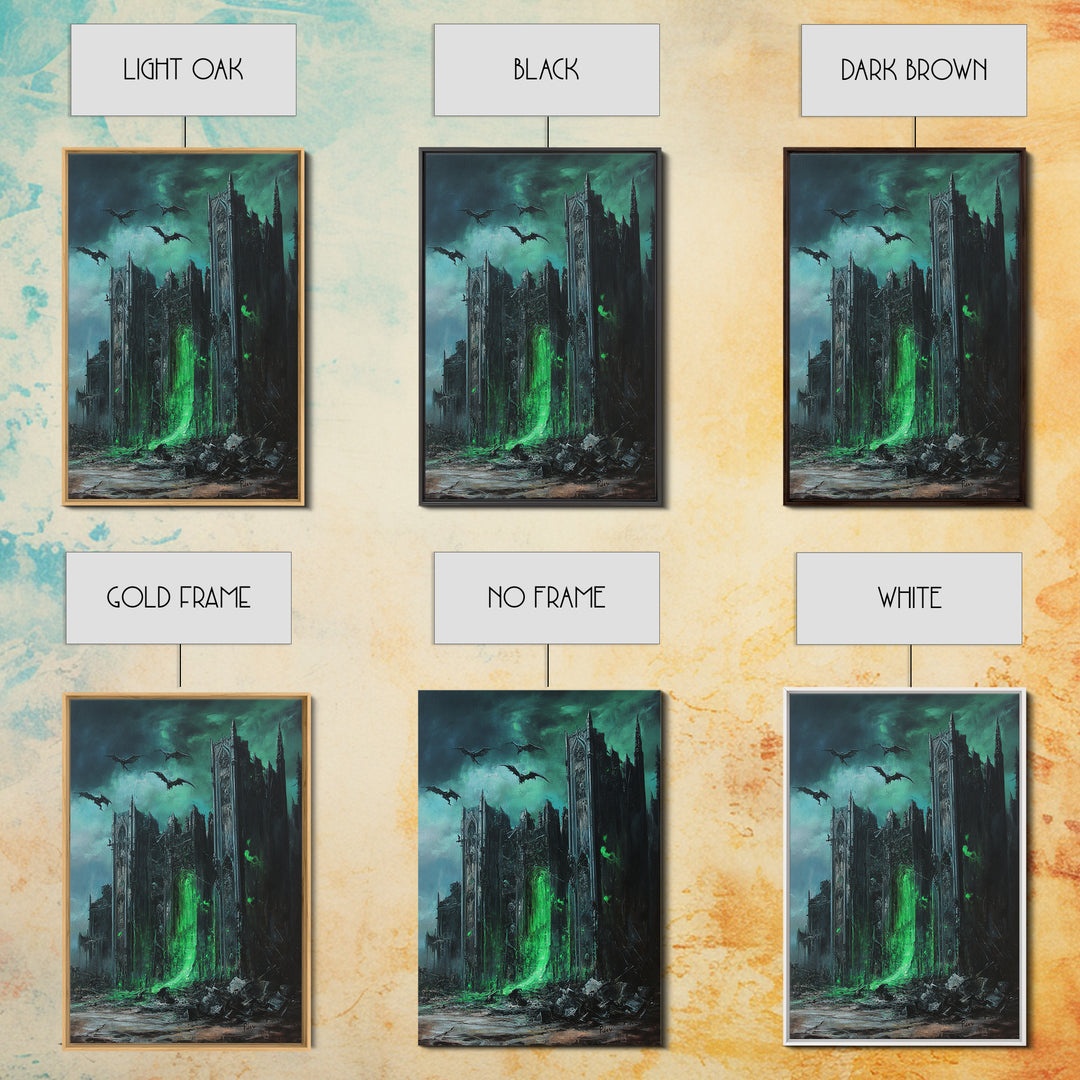Green Portal Gothic Cathedral Wall Art, Dark Fantasy Ruins Print, Dragon Raven Decor, Moody Gothic Home Decor Gift For Him