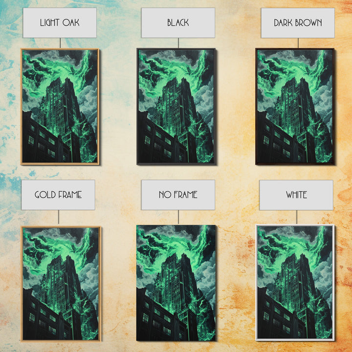 Emerald Storm Skyscraper Wall Art, Dark Urban Fantasy Print, Gothic City Lightning Decor, Moody Office Wall Decor, Home Decor Gift