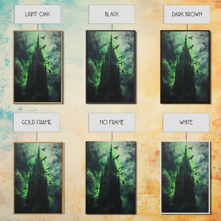 Shadowed Gothic Tower Wall Art, Green Storm Dragon Print, Dark Fantasy Castle Decor, Moody Gothic Home Decor Gift For Him