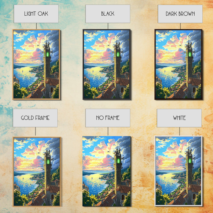 Glowing Coastal Tower At Sunset Canvas Print, Fantasy Seascape Wall Art, Mediterranean Landscape, Living Room Decor, Housewarming Gift