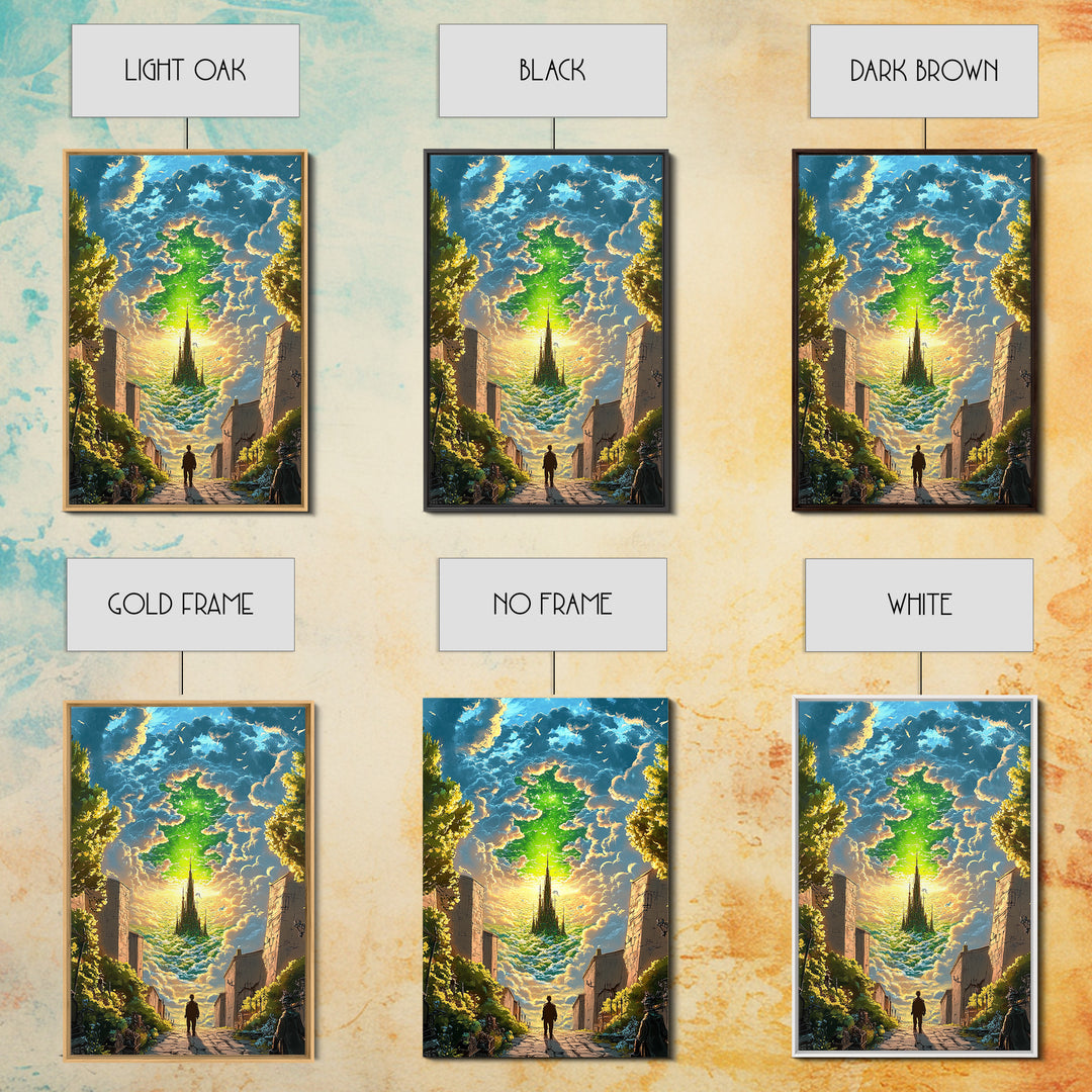 Emerald Sky Castle Above City Street Canvas Print, Surreal Fantasy Wall Art, Mystical Cloudscape, Home Office Decor, Unique Gift