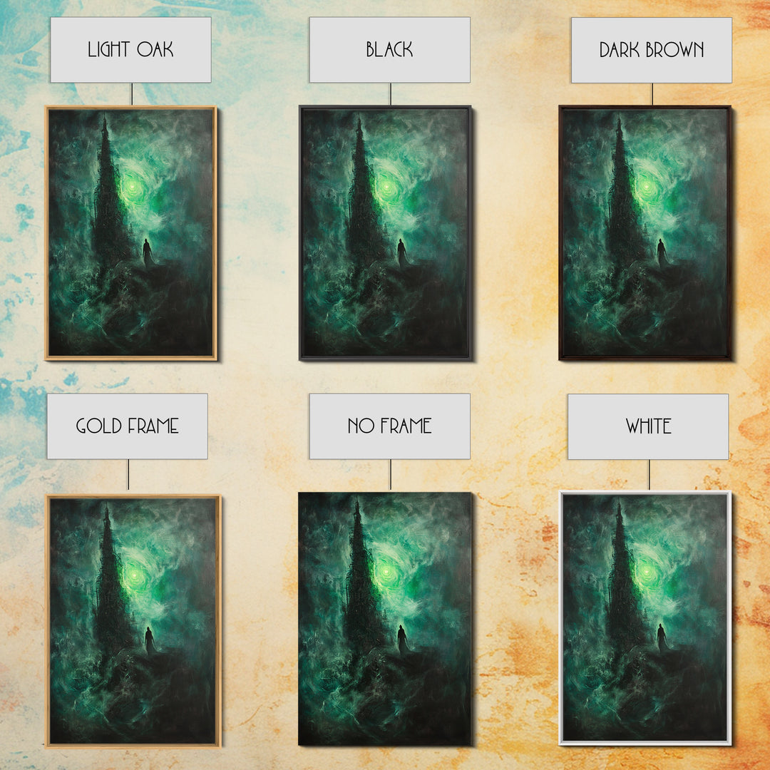 Dark Emerald Spire And Lone Wanderer Wall Art, Gothic Fantasy Canvas Print, Moody Surreal Landscape, Dark Academia Decor
