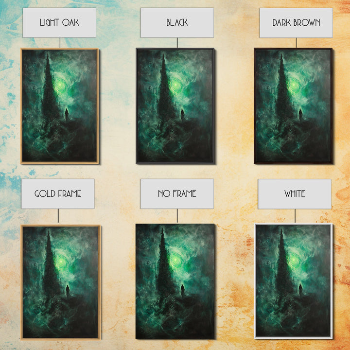 Dark Emerald Spire And Lone Wanderer Wall Art, Gothic Fantasy Canvas Print, Moody Surreal Landscape, Dark Academia Decor