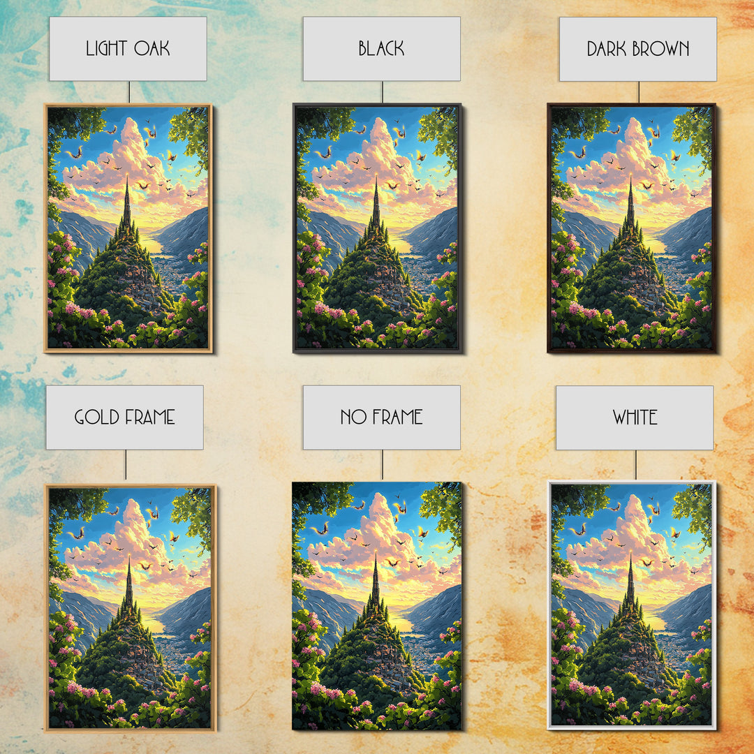 Sunlit Mountain Village With Flying Dragons Canvas Print, Fantasy Landscape Wall Art, Whimsical Home Decor, Gift For Her