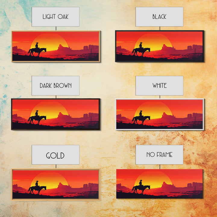 Silhouette Cowboy Crossing Orange Desert Sunset Wall Art, Southwestern Decor, Western Canvas Print, Extra Wide Horizontal Art