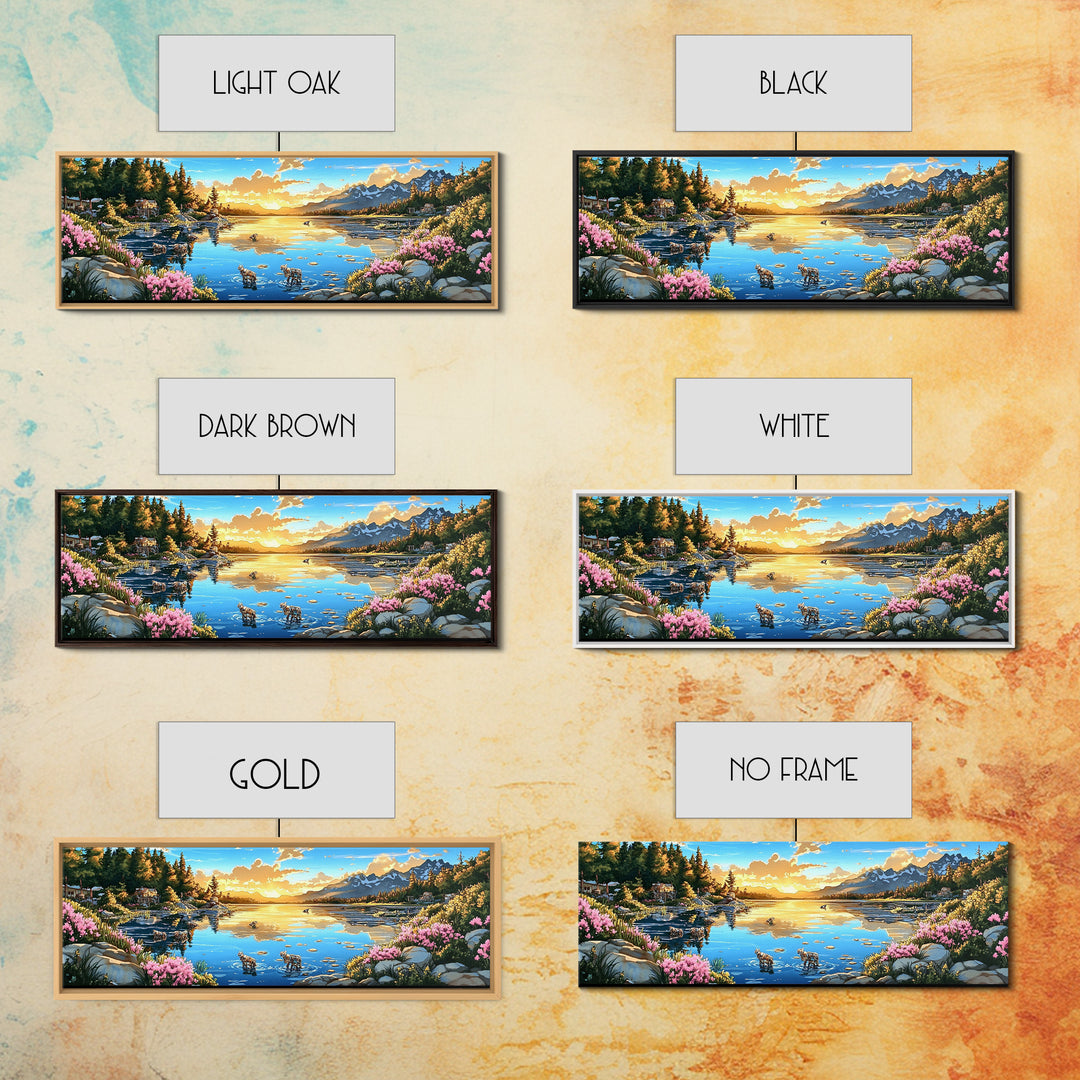 Mountain Lake Sunset With Pink Wildflowers Wall Art, Panoramic Landscape Print, Nature Decor, Living Room Wall Decor, Home Decor