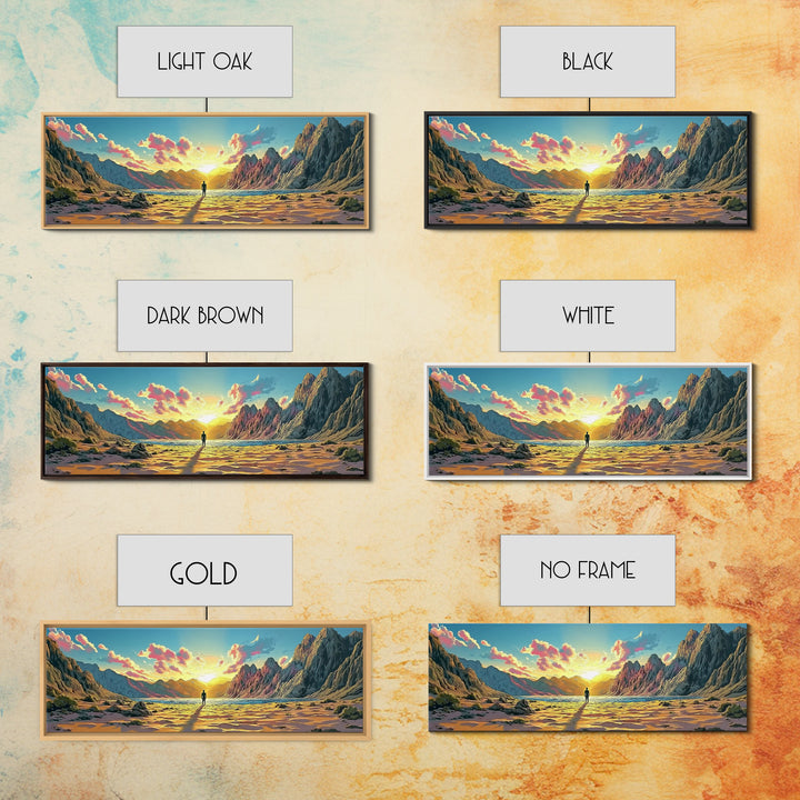 Radiant Mountain Sunrise Valley With Lone Wanderer Wall Art, Panoramic Landscape Canvas Print, Large Modern Living Room Decor