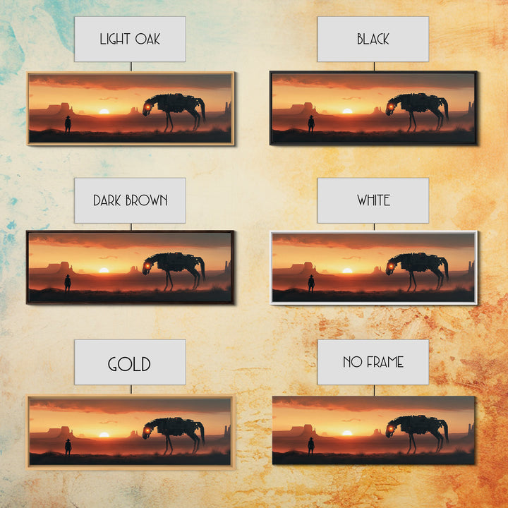 Cyberpunk Cowboy And Mechanical Horse At Sunset Wall Art, Sci Fi Western Canvas Print, Desert Landscape Man Cave Office Decor