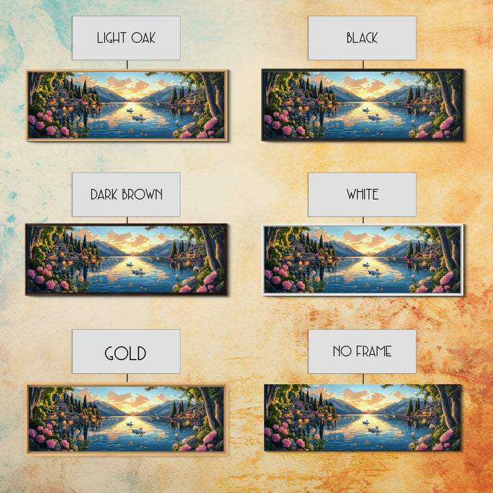 Italian Lake Sunset With Swans Framed Canvas Print, Romantic Coastal Wall Art, Mediterranean Decor, Large Living Room Art