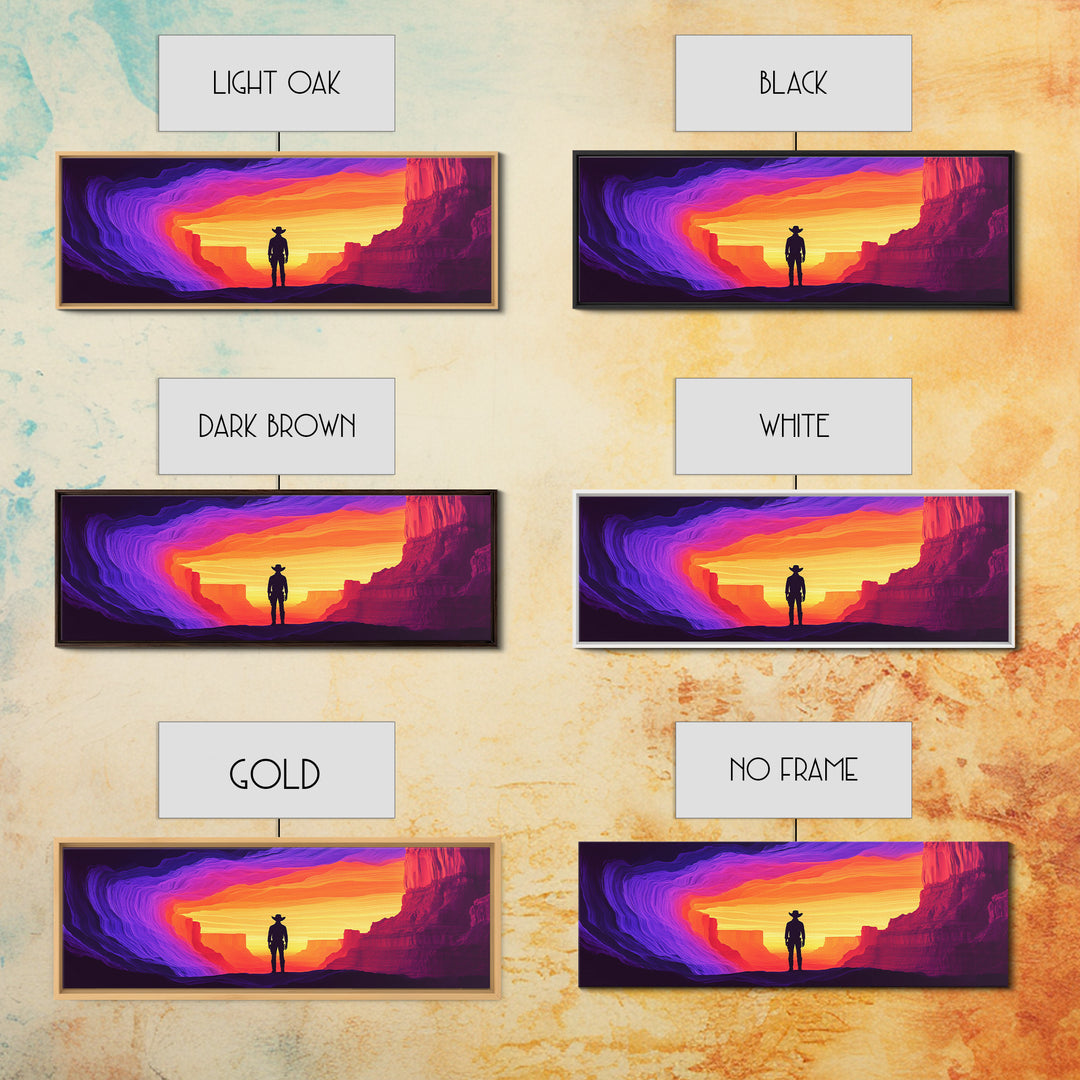 Neon Sunset Cowboy Canyon Wall Art, Western Desert Canvas Print, Vibrant Southwestern Decor, Panoramic Man Cave Art, Home Decor