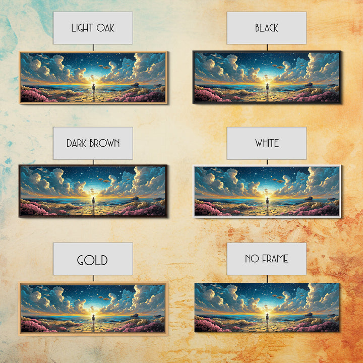 Ufo Seaside Sunrise Cowboy Wall Art, Coastal Sci Fi Canvas Print, Starry Ocean Decor, Panoramic Fantasy Living Room Art, Home Decor