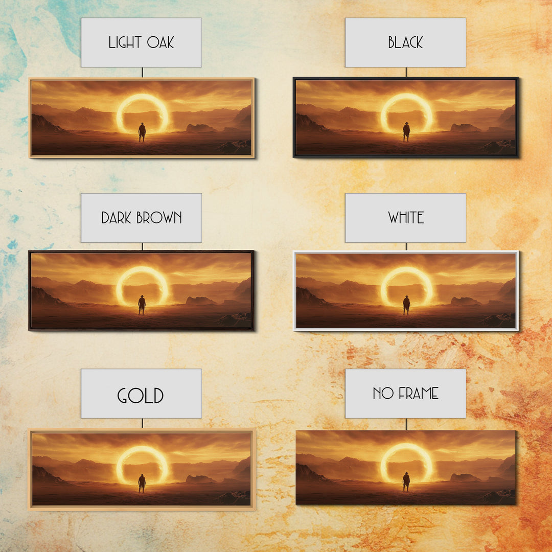 Golden Eclipse Cowboy Desert Wall Art, Western Sci Fi Canvas Print, Surreal Landscape Decor, Panoramic Living Room Art, Home Decor