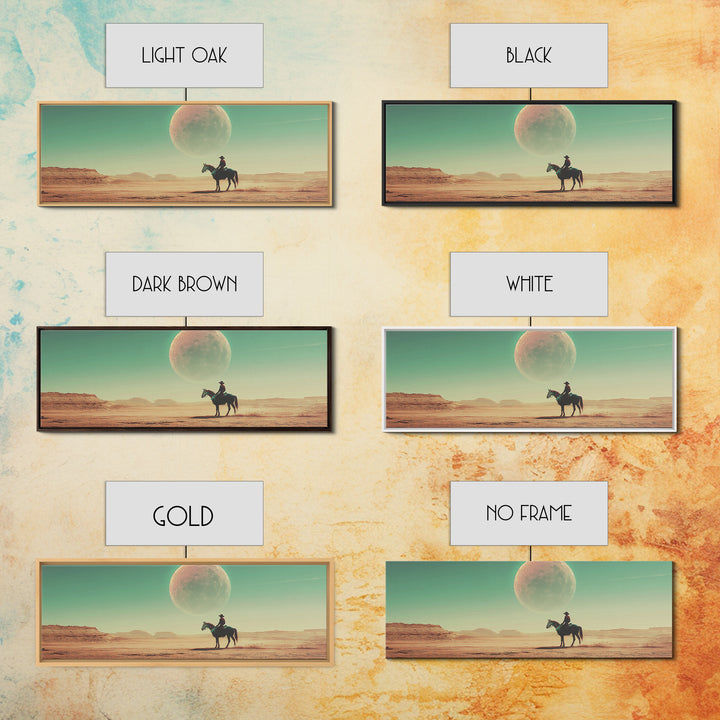 Lone Cowboy Under Giant Moon Wall Art, Western Desert Landscape Canvas, Panoramic Southwestern Decor, Living Room Decor, Gift For Him