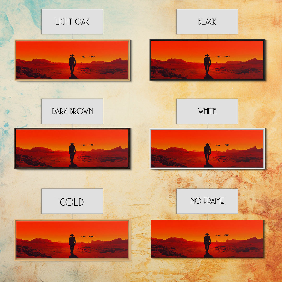 Cowboy Silhouette In Red Desert Sunset Wall Art, Western Sci Fi Landscape Canvas, Bold Southwestern Decor For Man Cave Wall Decor