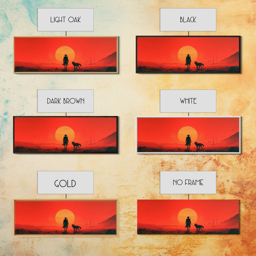 Red Sci Fi Cowboy And Dog Sunset Wall Art, Western Desert Landscape, Futuristic Dystopian Decor, Large Man Cave Gift Print