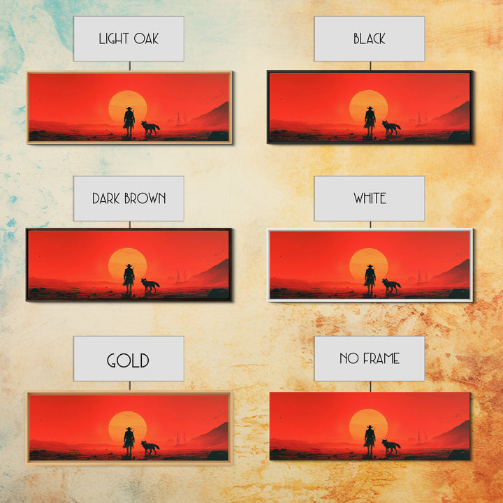 Red Sci Fi Cowboy And Dog Sunset Wall Art, Western Desert Landscape, Futuristic Dystopian Decor, Large Man Cave Gift Print