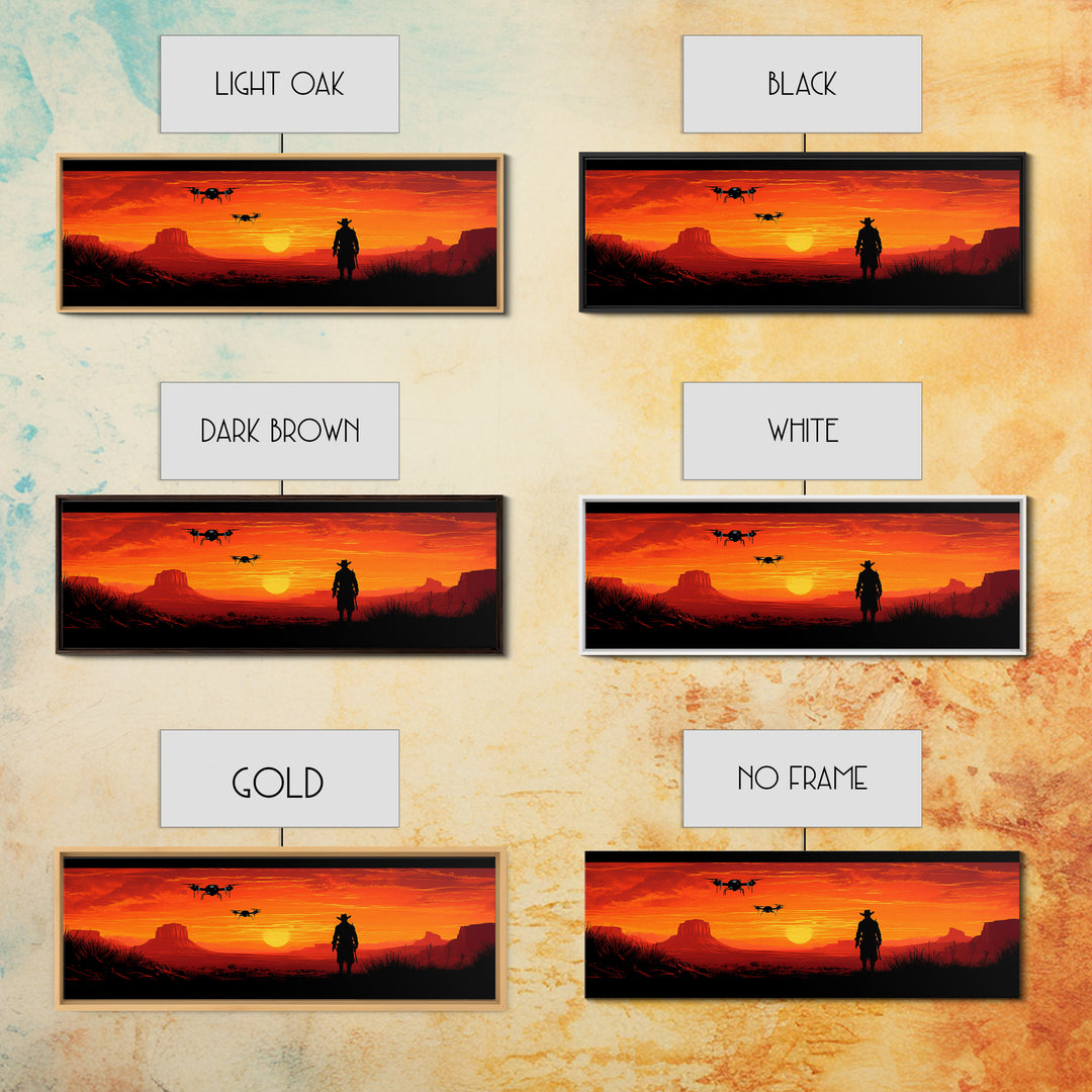 Silhouetted Cowboy With Drones At Orange Desert Sunset, Western Wall Art, Sci Fi Canvas Print, Man Cave Decor, Southwest Art