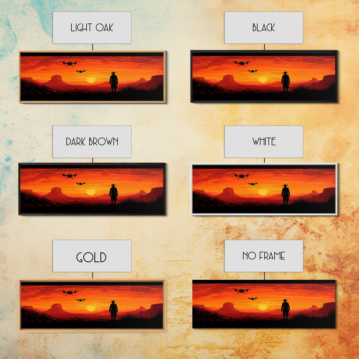 Silhouetted Cowboy With Drones At Orange Desert Sunset, Western Wall Art, Sci Fi Canvas Print, Man Cave Decor, Southwest Art