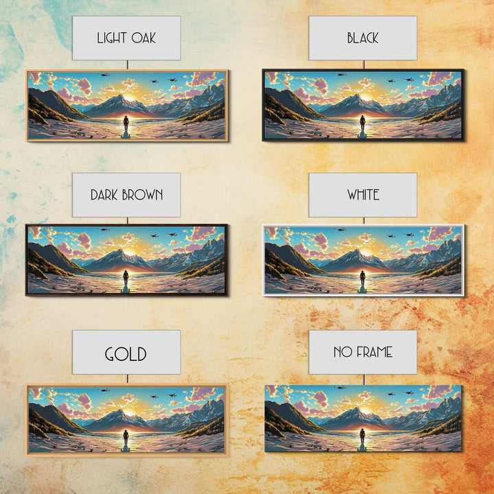 Snowy Alpine Sunset Explorer Wall Art, Panoramic Canvas Print, Mountain Landscape, Sci Fi Decor, Large Living Room Decor