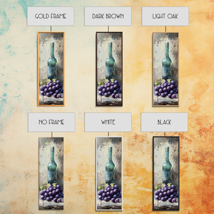 Teal Wine Bottle With Purple Grapes Canvas Print, Winery Wall Art, Rustic Kitchen Decor, Still Life Art For Dining Room Decor