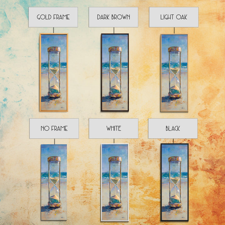Beach Hourglass On Sandy Shore Canvas Print, Coastal Oil Painting, Nautical Ocean Wall Decor For Beach House Living Room