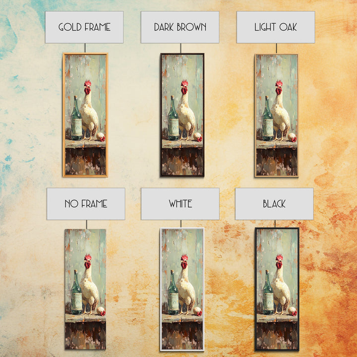 Rustic White Rooster And Green Bottle Framed Canvas Print, Farmhouse Kitchen Wall Art, Country Decor, Chicken Lover Gift
