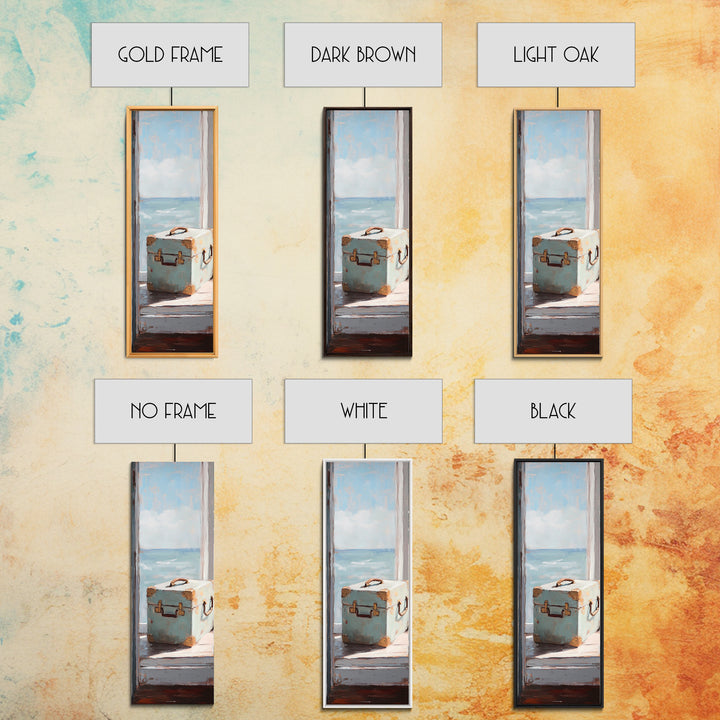 Blue Suitcase Ocean Window Canvas Print, Coastal Wall Art, Beach House Decor, Travel Inspired Living Room Wall Decor Gift