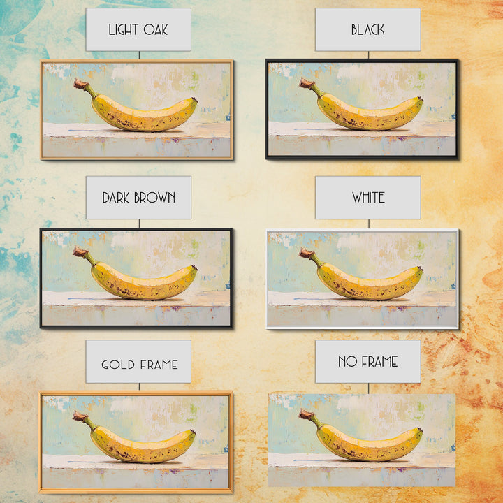 Bright Banana Still Life On Pale Blue, Framed Canvas Print, Kitchen Wall Art, Fruit Art, Colorful Kitchen Decor, Foodie Gift