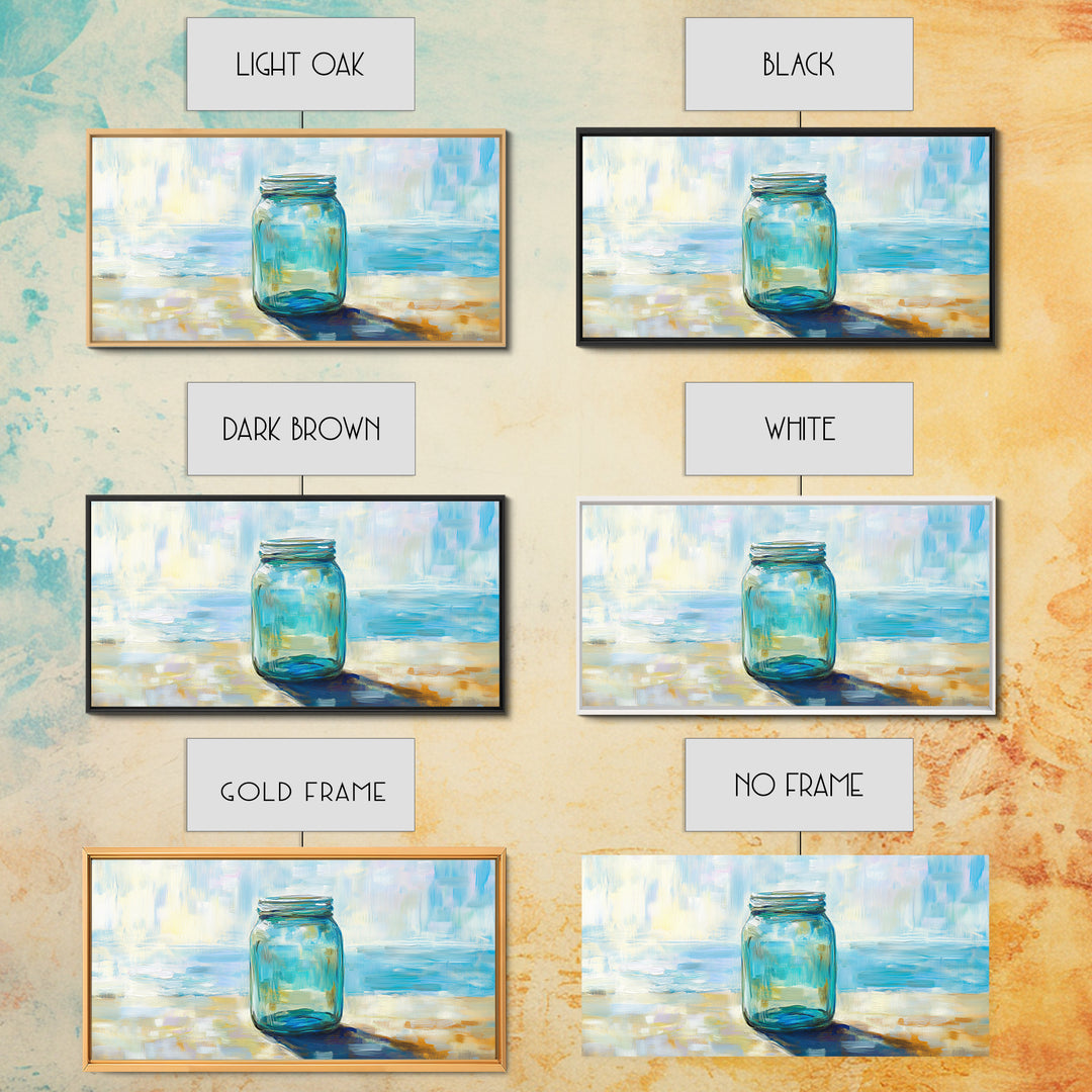 Blue Glass Mason Jar Wall Art, Coastal Still Life Canvas Print, Minimalist Beach House Decor For Kitchen Or Bathroom Art