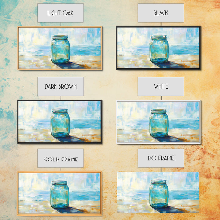 Blue Glass Mason Jar Wall Art, Coastal Still Life Canvas Print, Minimalist Beach House Decor For Kitchen Or Bathroom Art