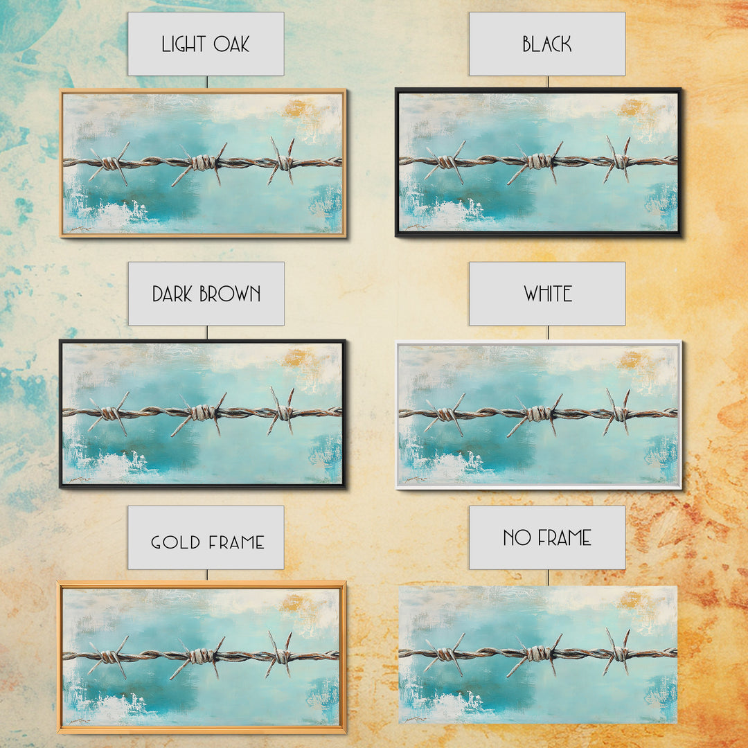 Rusty Barbed Wire Against Turquoise Sky Wall Art, Western Industrial Canvas Print, Modern Rustic Farmhouse Decor For Entryway