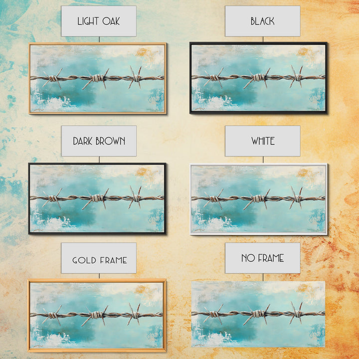 Rusty Barbed Wire Against Turquoise Sky Wall Art, Western Industrial Canvas Print, Modern Rustic Farmhouse Decor For Entryway