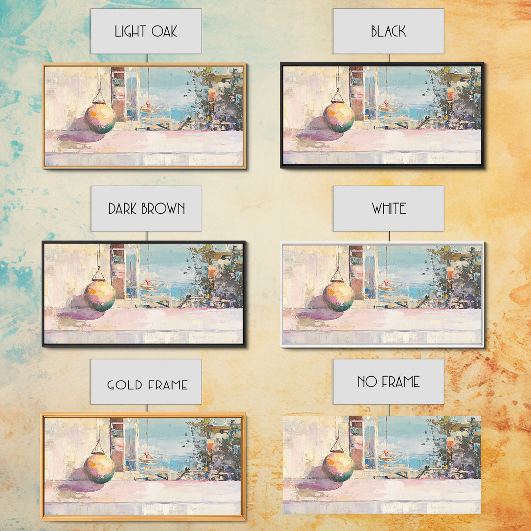 Pastel Seaside Window Canvas Print, Coastal Wall Art, Mediterranean Beach House Decor, Soft Ocean View Living Room Print