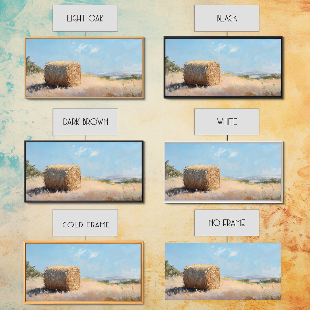 Golden Hay Bale Landscape Wall Art, Rustic Farmhouse Decor, Country Field Painting, Nature Print For Living Room Wall Decor