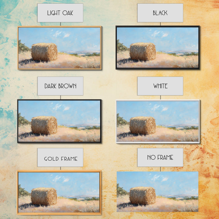 Golden Hay Bale Landscape Wall Art, Rustic Farmhouse Decor, Country Field Painting, Nature Print For Living Room Wall Decor